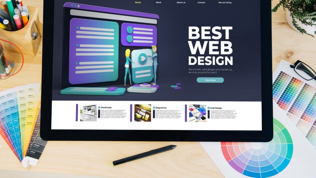 A tablet with the words "Best Web Design" is displayed, with color schemes around it, demonstrating a design test.