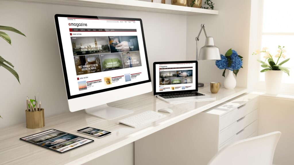 UI/UX design is displayed clearly on a desktop, laptop, tablet, and phone on a white desk.