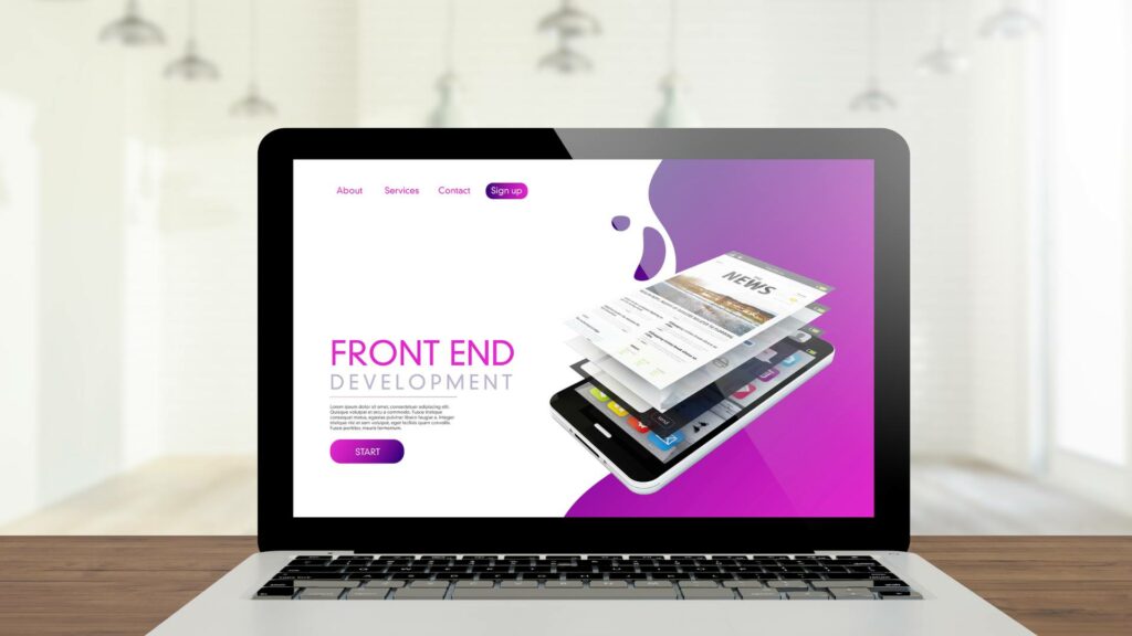 A laptop screen is displayed with a purple and white screen that says the words Front End Development displayed across it.