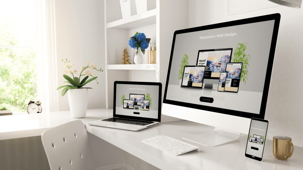 Custom web design is displayed on a desktop computer, laptop, and cell phone, demonstrating responsive web design.