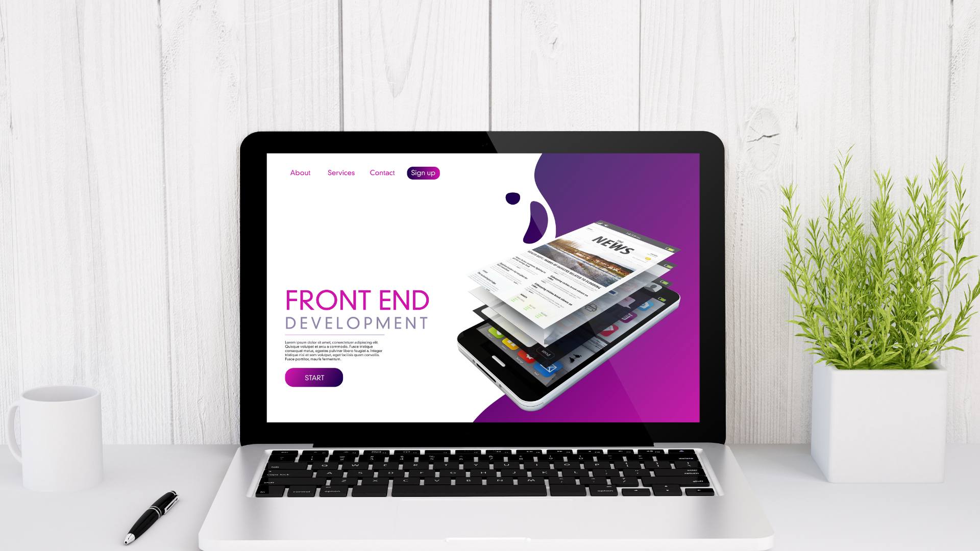 A laptop is displayed against a white wall with a purple and white screen. The text is talking about front end development, which demonstrates web design tips.