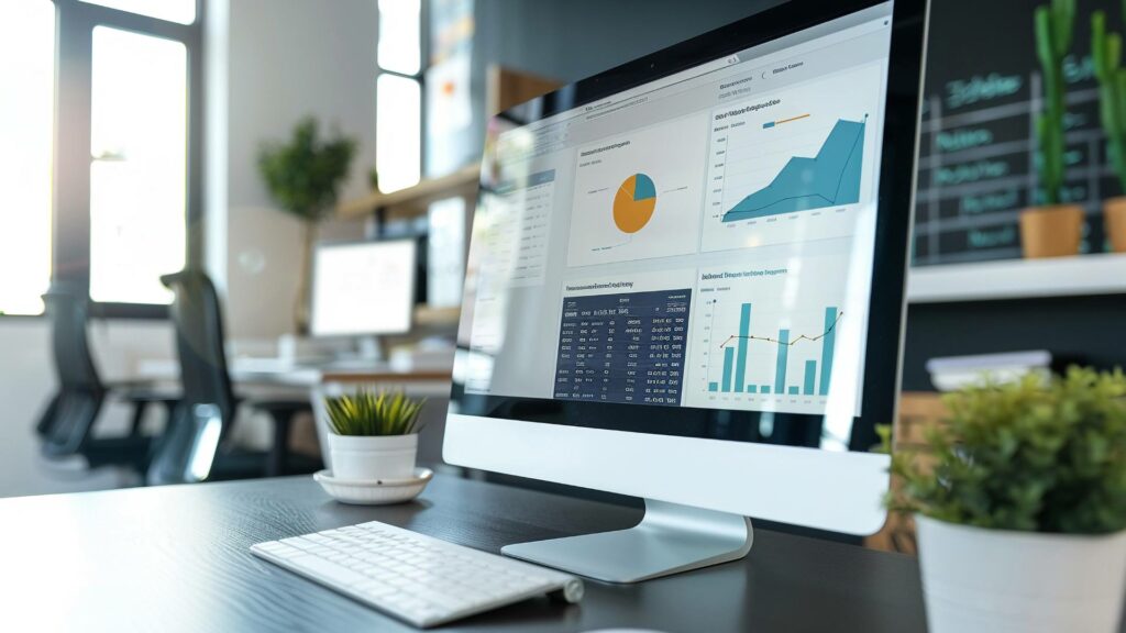 A desktop computer is displayed with graphs and charts on the screen, demonstrating back end systems.