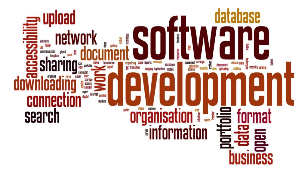 A software development graphic is displayed with text in red, orange, and yellow against a white background.