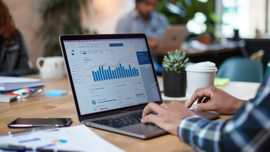 A CRM system is displayed on a laptop, which is on a wooden desk as a person wearing a plaid shirt works on it.